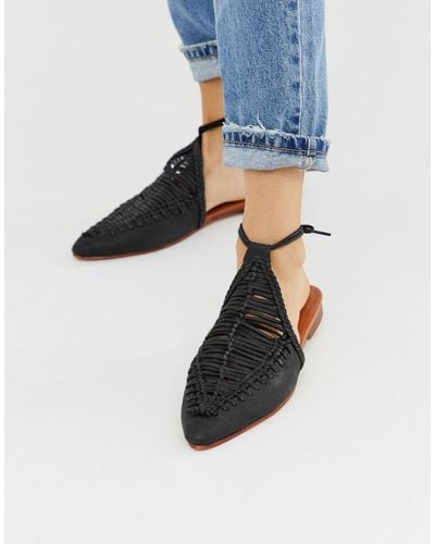 Free People Dana Leather Woven Flat Mules With Ankle Ties - Black