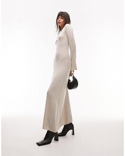 TOPSHOP Knitted V-neck Flute Sleeve Maxi Dress - White