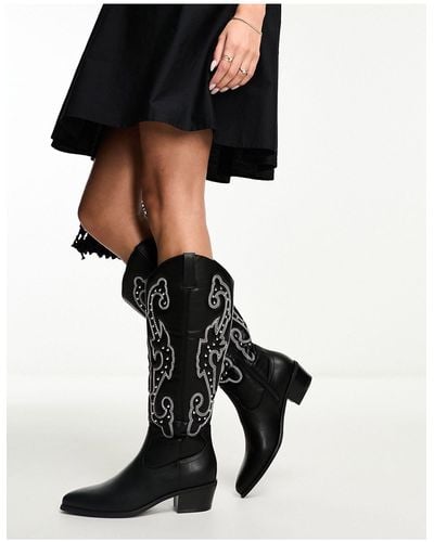 New Look Contrast Stitch High Leg Cowboy Boots - Black