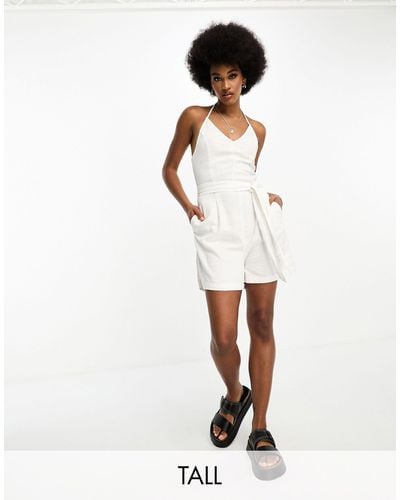 ONLY Linen Blend Halterneck Playsuit With Tie Waist Detail - White