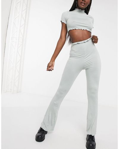 Missguided Flare Pant With Lettuce Hem - Green