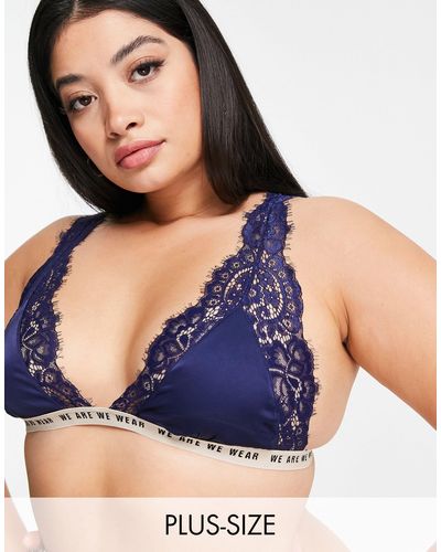 We Are We Wear Curve Lace Trim Satin Triangle Bralet With Logo Underband - Blue