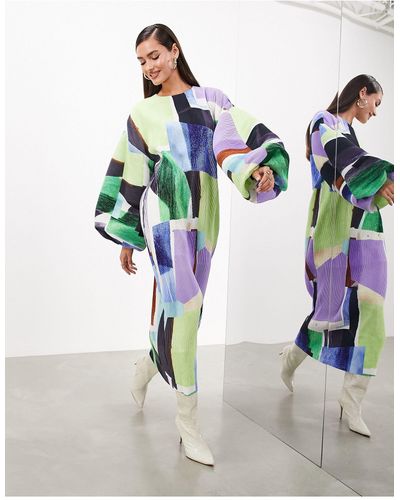 ASOS Vestito lungo a maniche lunghe plissé con stampa astratta vivace - Multicolore