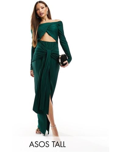 ASOS Asos Design Tall Plisse Bardot Twist Front Midi Dress - Green