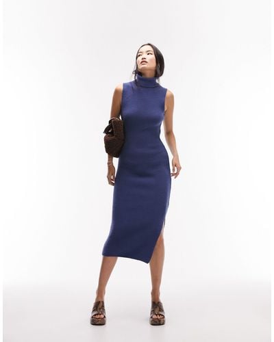 TOPSHOP Knitted Sleeveless Funnel Midi Dress - Blue