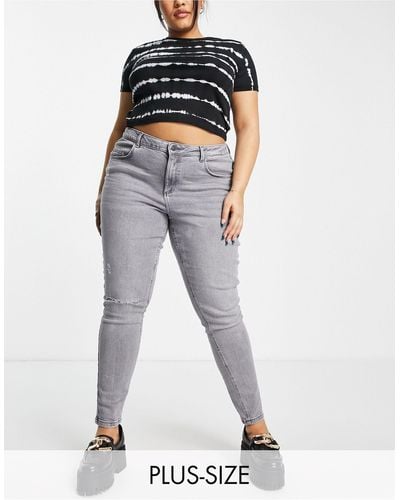 Noisy May Callie High Waisted Ripped Knee Skinny Jeans - Grey