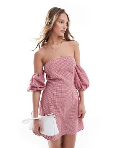 ASOS Puff Sleeve Bardot Mini Dress - Pink