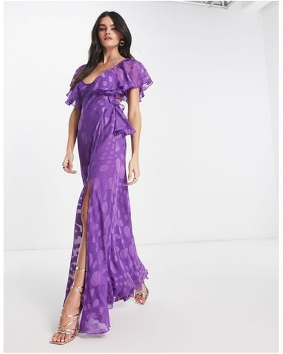 ASOS Satin Spot Flutter Sleeve Maxi Dress With Open Back - Purple