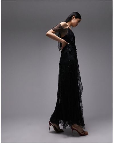TOPSHOP One Sleeve Lace Embellished Maxi Dress - Black