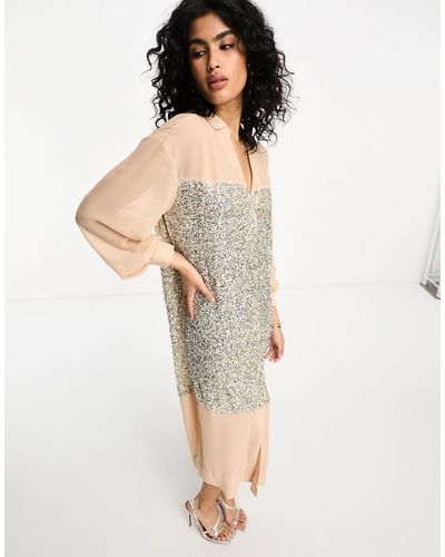 Never Fully Dressed Sequin Panel Shirt Midaxi Dress - Natural