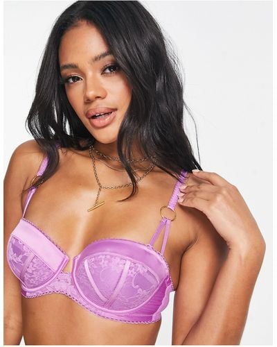 Ann Summers Restoring Lace And Satin Padded Balcony Bra With Hardware Detail - Purple