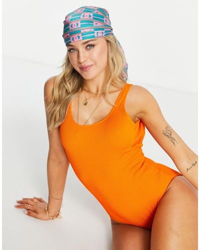 Monki Textured Scoop Neck Swimsuit - Orange