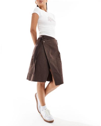 ASOS Knee Skirt With Pocket Wrap Detail - Brown