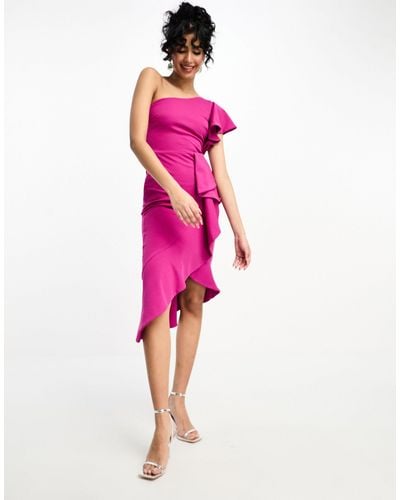 True Violet One Shoulder Ruffle Midi Dress - Pink