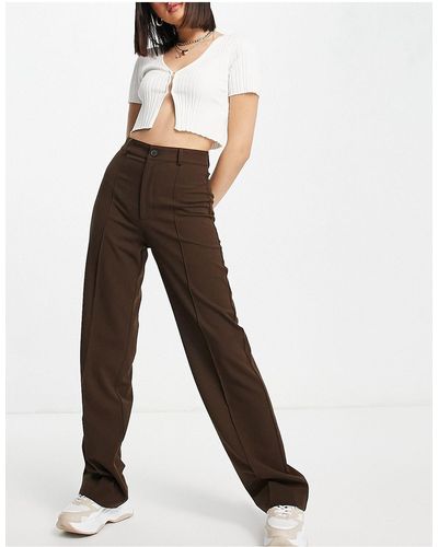 Pull&Bear High Waisted Tailored Straight Leg Trousers - Brown