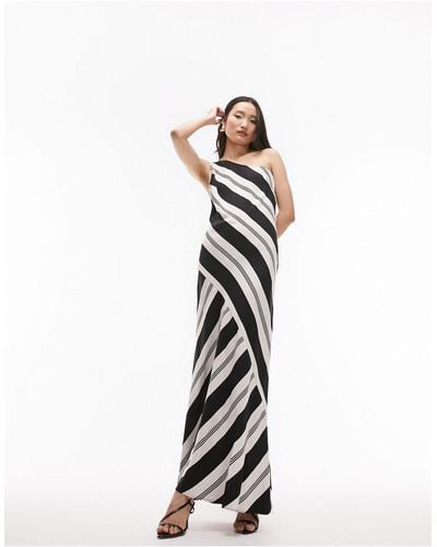 TOPSHOP One Shoulder Stripe Print Maxi Dress - White