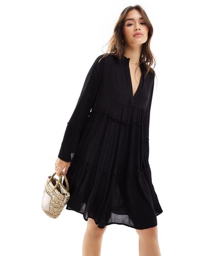 South Beach Crinkle Viscose Pull Over Tiered Beach Dress - Black