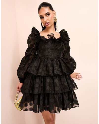 ASOS Organza Tiered Polka Dot Mini Dress With Blousons Sleeve And Ruffle Detail - Black