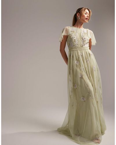 ASOS Bridesmaid Pearl Embellished Flutter Sleeve Maxi Dress With Floral Embroidery - White