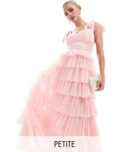 LACE & BEADS Bow Shoulder Tiered Maxi Dress - Pink