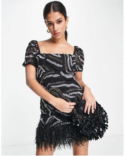 Miss Selfridge Premium Embellished Animal Print Mini Dress With Faux Feather Trim - Black