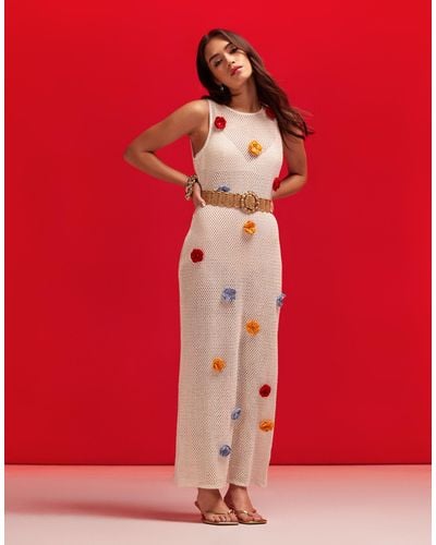 ASOS White Crochet Maxi Dress With 3d Crochet Flowers - Red