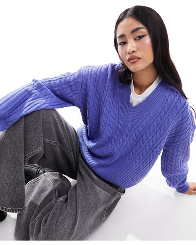French Connection Cable Knit V Neck Sweater - Blue