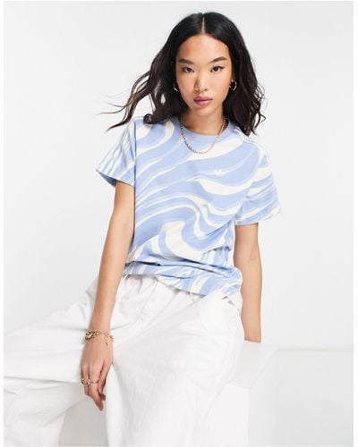 adidas Originals T-shirt à trois bandes avec imprimé zébrures abstrait - blanc cassé et - Bleu