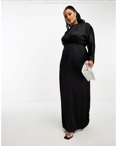 ASOS Asos Design Curve Satin Maxi Dress With Batwing Sleeve And Wrap Waist - Black