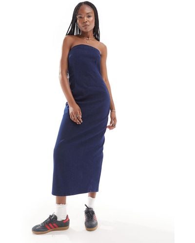 ONLY Fitted Bandeau Midi Denim Dress - Blue