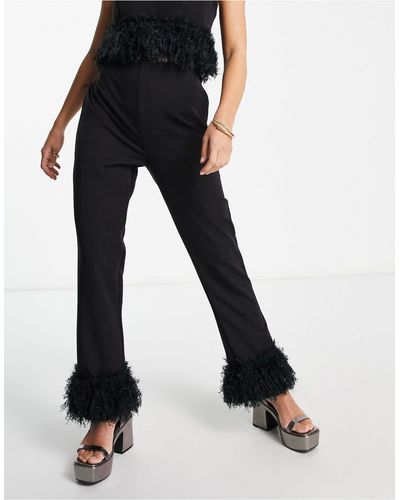 Twisted Wunder Straight Leg Pants With Faux Feather Hem - Black