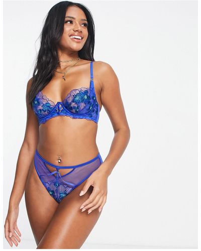 Ann Summers Ambitious Embroidered High Waist Brazilian Brief With Hardware Detail - Blue