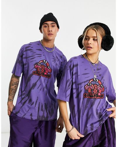 Collusion Unisex - t-shirt viola tie-dye con stampa di funghi
