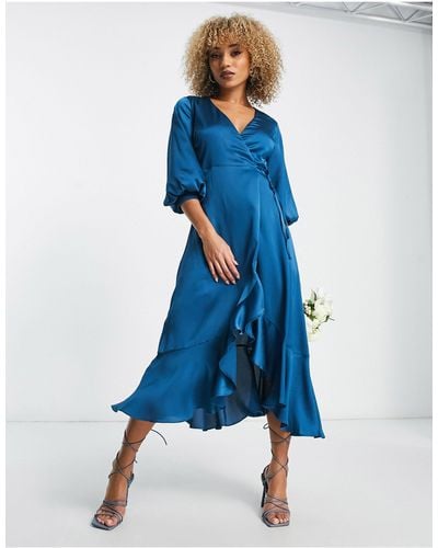 Liquorish Bridesmaid Satin Wrap Midi Dress With Puff Sleeve - Blue