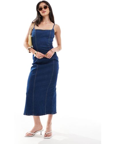 Bershka Strappy Bodycon Denim Shaping Maxi Dress - Blue