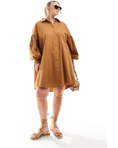 ASOS Asos Design Curve Ultimate Boyfriend Mini Shirt Dress With Volume Sleeve - Natural