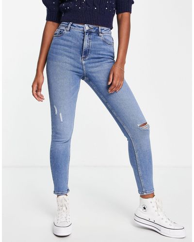 Miss Selfridge Lizzie - jeans skinny a vita alta lavaggio medio autentico con strappi - Blu