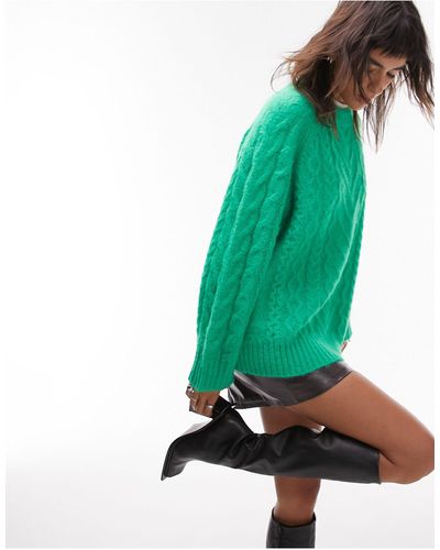 TOPSHOP Knit Fluffy Cable Crew Jumper - Green