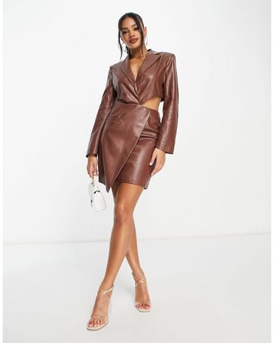 Aria Cove Leather Look Cut Out Blazer Dress With Asymmetric Hem Detail - Brown