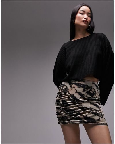 TOPSHOP Printed Velvet Ruched Mini Skirt - Black