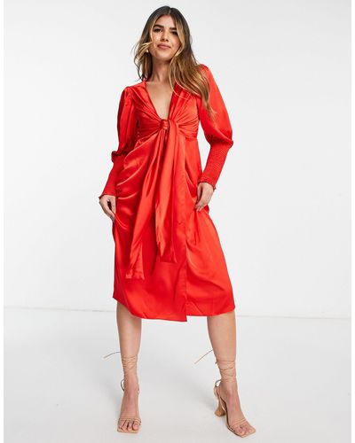 Collective The Label Exclusive Plunge Tie Front Midi Dress - Red