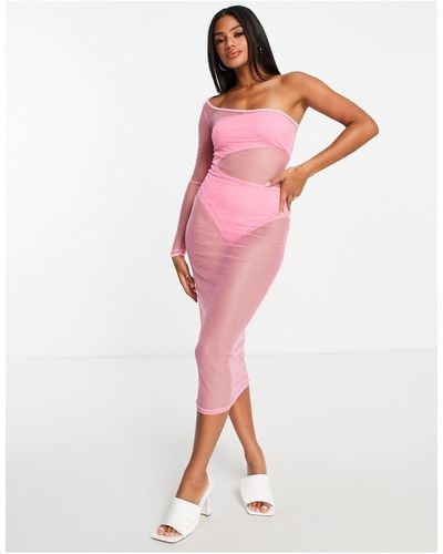 Rebellious Fashion One Shoulder Bodycon Mesh Dress - Pink