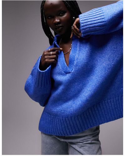 TOPSHOP Knitted Ribbed Collar Crop Sweater - Blue