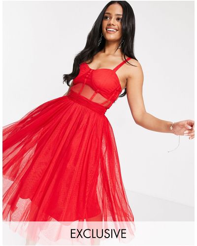 LACE & BEADS Exclusive Prom Midi Dress With Mesh Corset Waist Detail - Red