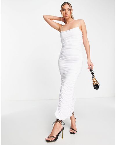 Aria Cove Ruched Midi Dress With High Thigh Split - White