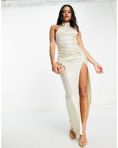 In The Style X Yasmin Devonport Exclusive Sequin Asymmetric Knot Detail Maxi Dress With Thigh Split - White