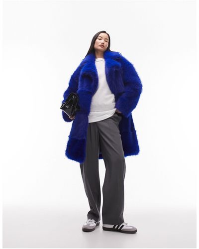 TOPSHOP Long-line Faux Fur Coat - Blue