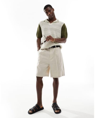 ASOS Knitted Crochet Polo With Contrast Sleeves - Natural