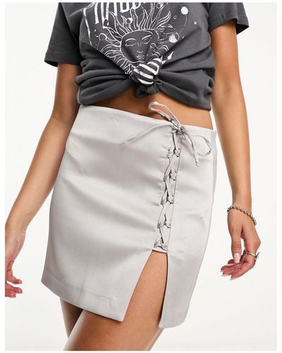 Bershka Lace Up Detail Satin Mini Skirt - White