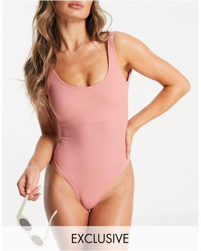 Pieces Exclusive Ribbed Low Back Swimsuit - Pink